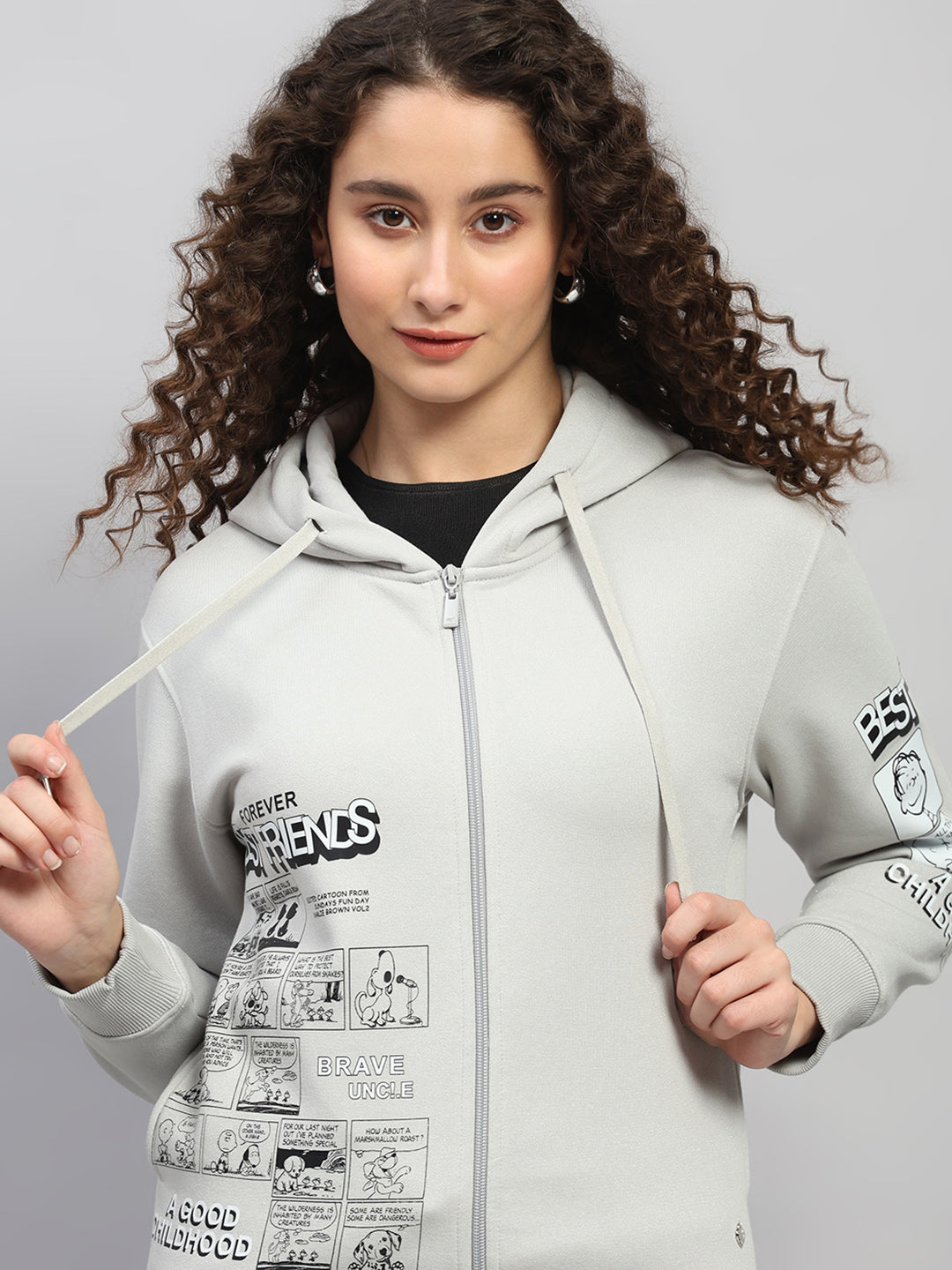 Women Grey Printed Hooded Full Sleeve Winter Tracksuit