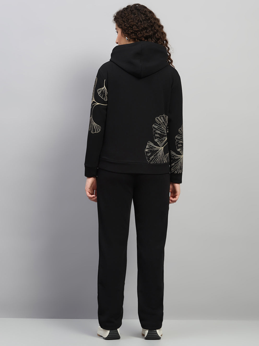 Women Black Printed Hooded Full Sleeve Winter Tracksuit