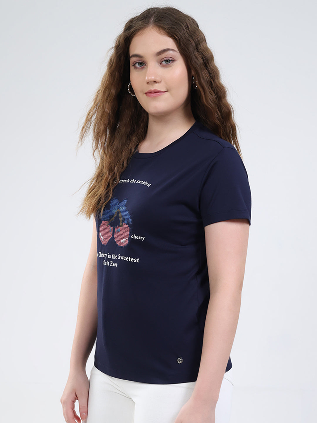 Women Navy Blue Printed Round Neck Half Sleeve Top