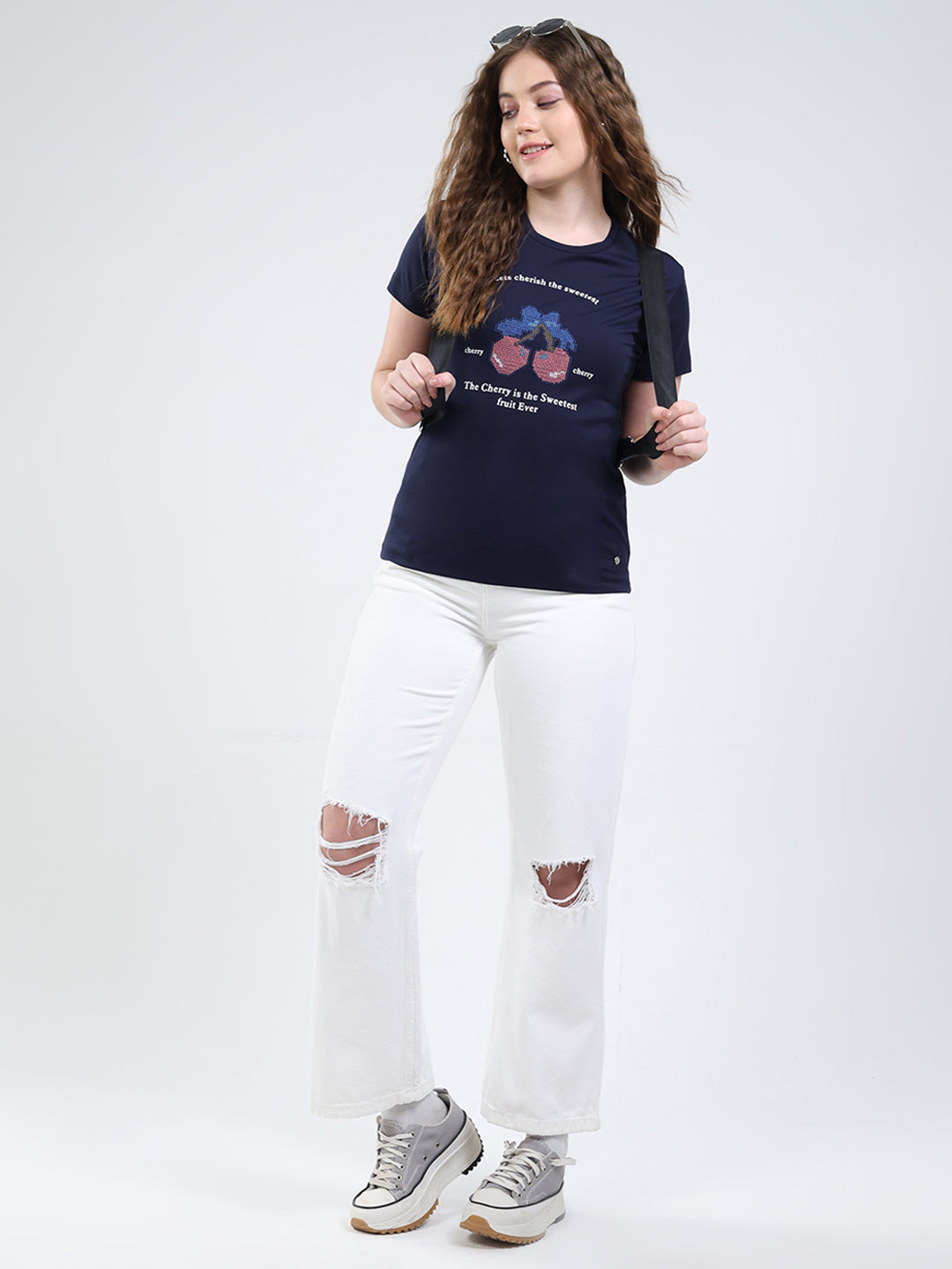 Women Navy Blue Printed Round Neck Half Sleeve Top