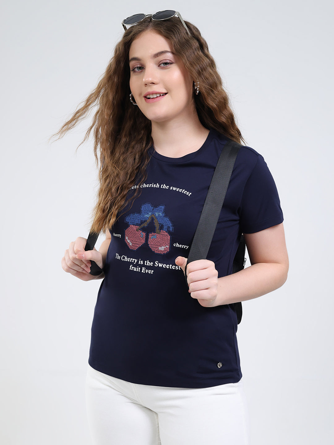 Women Navy Blue Printed Round Neck Half Sleeve Top