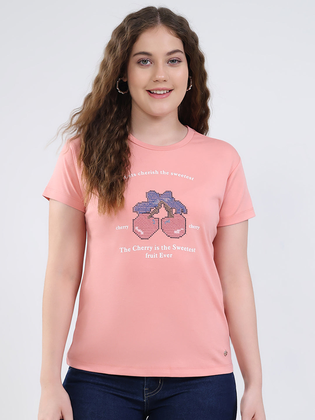 Women Peach Printed Round Neck Half Sleeve Top