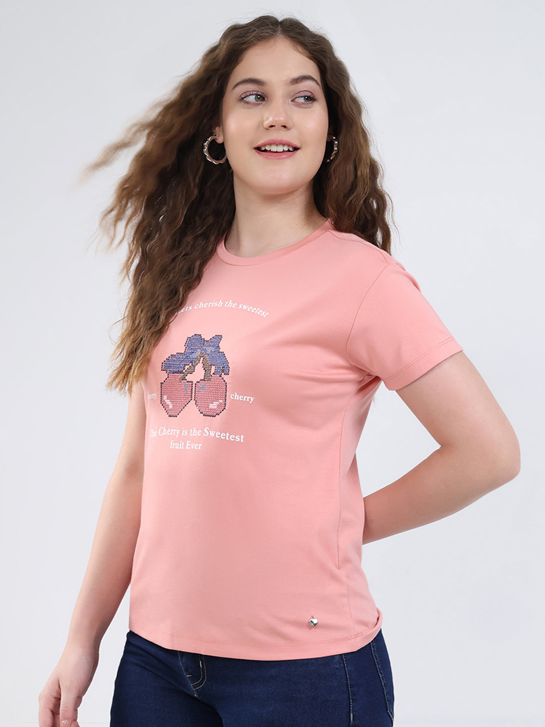 Women Peach Printed Round Neck Half Sleeve Top