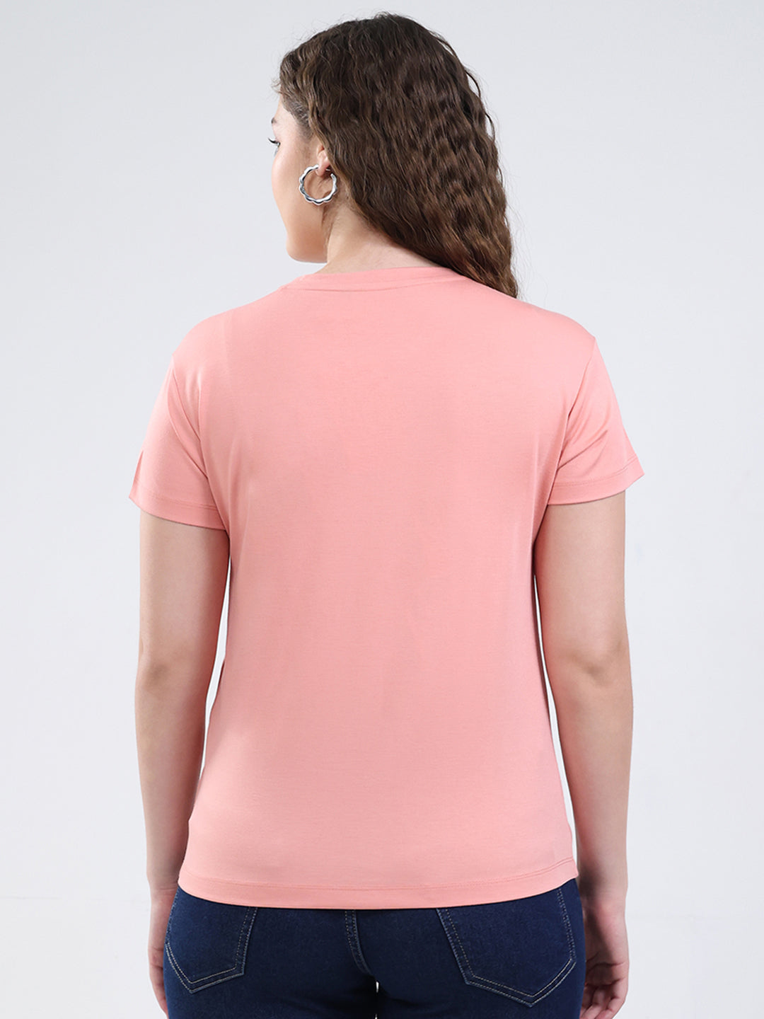 Women Peach Printed Round Neck Half Sleeve Top