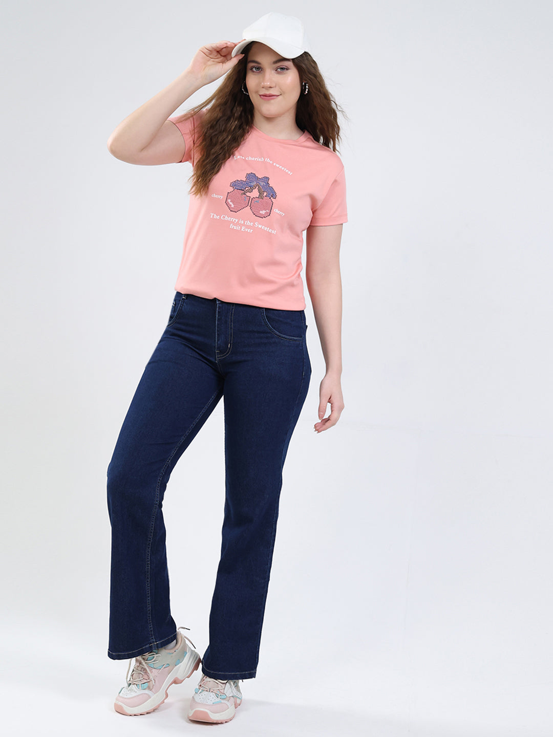 Women Peach Printed Round Neck Half Sleeve Top