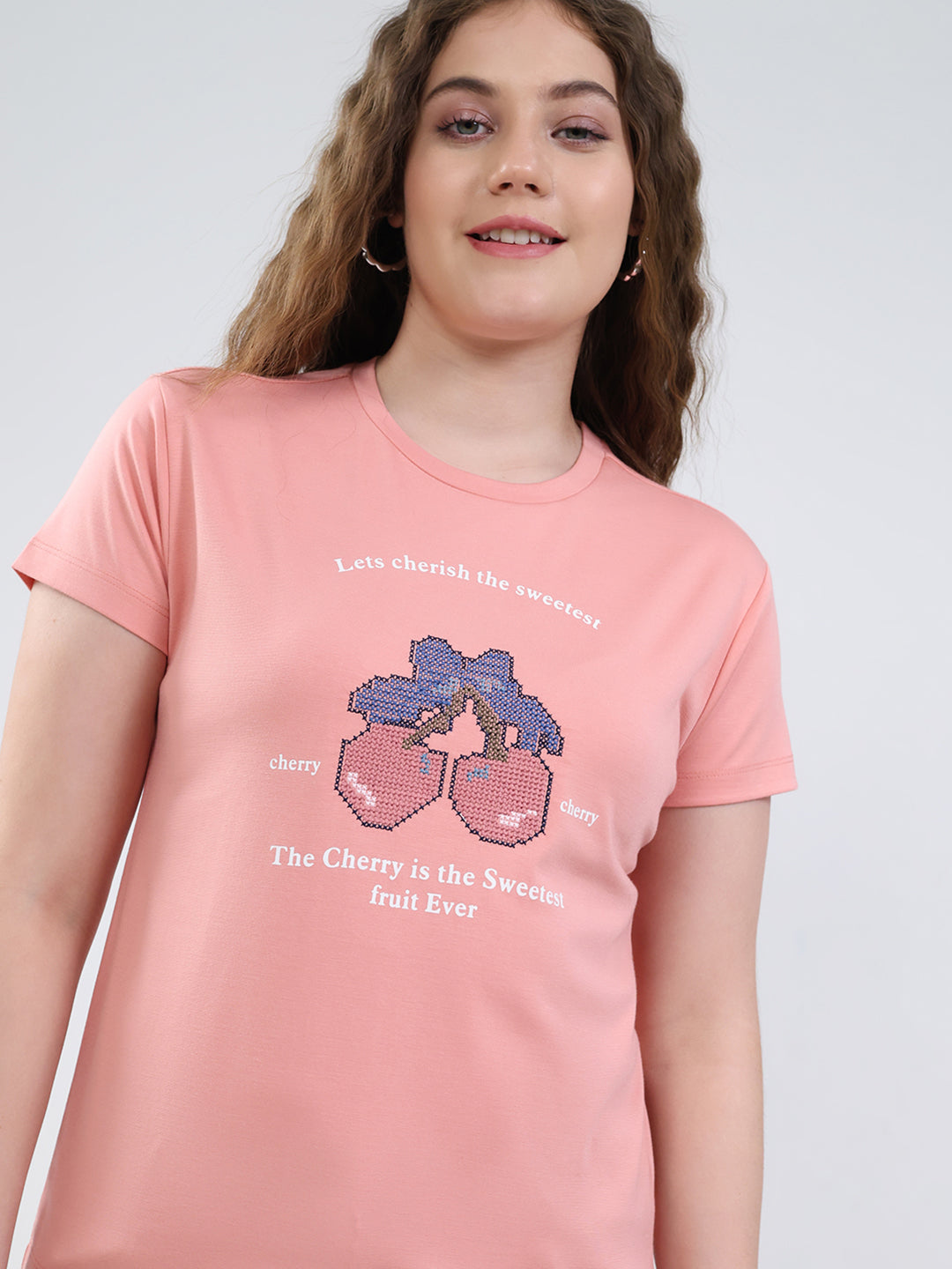 Women Peach Printed Round Neck Half Sleeve Top