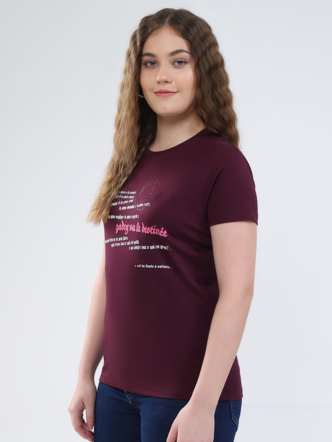 Women Burgundy Printed Round Neck Half Sleeve Top
