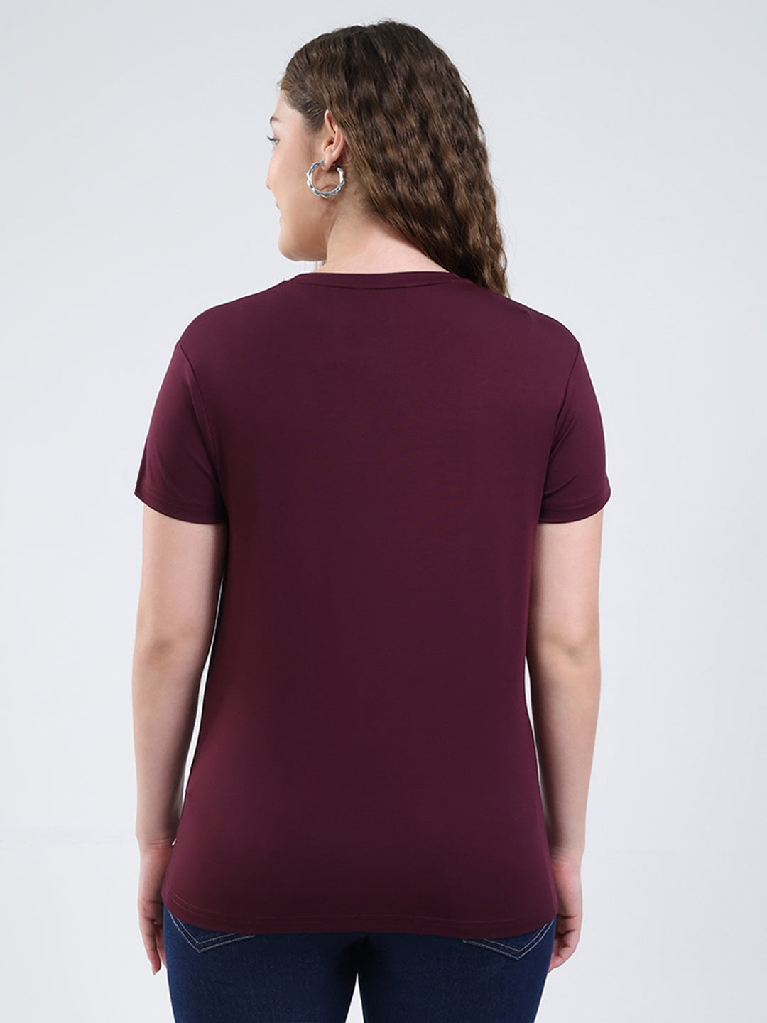 Women Burgundy Printed Round Neck Half Sleeve Top