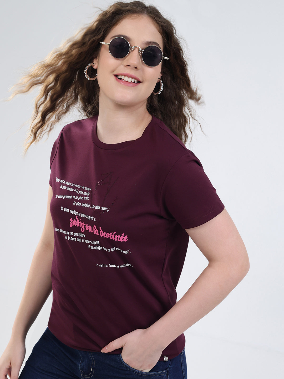 Women Burgundy Printed Round Neck Half Sleeve Top