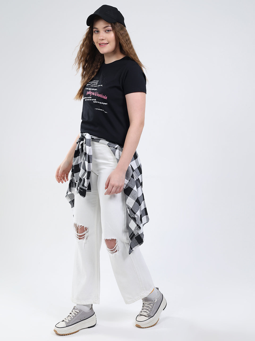 Women Black Printed Round Neck Half Sleeve Top