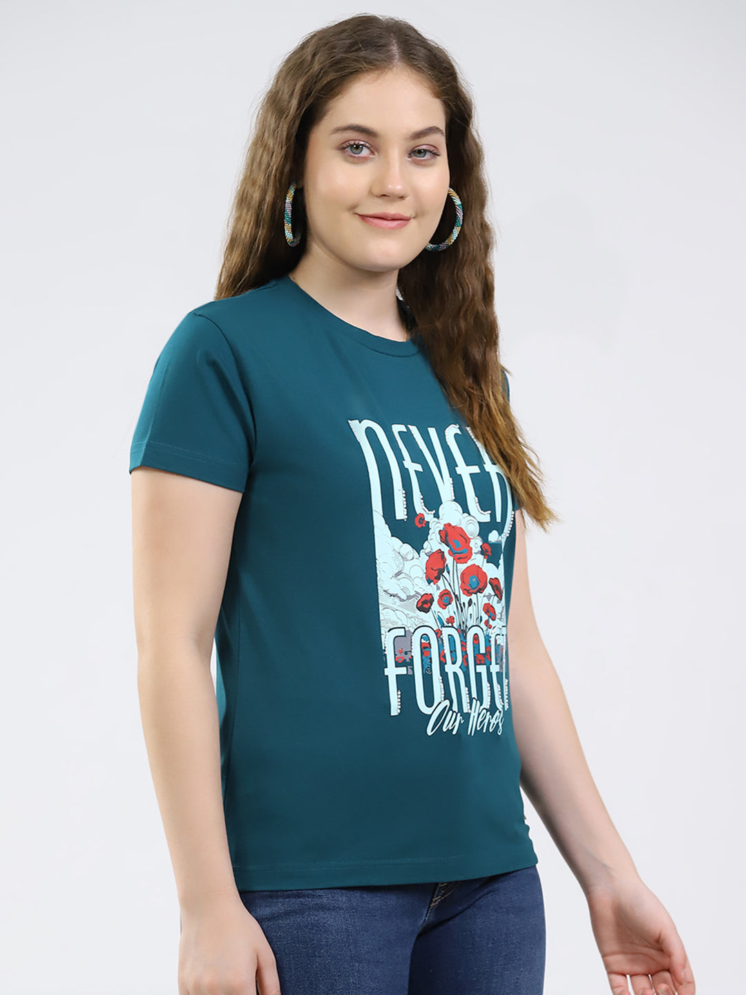 Women Teal Blue Printed Round Neck Half Sleeve Top