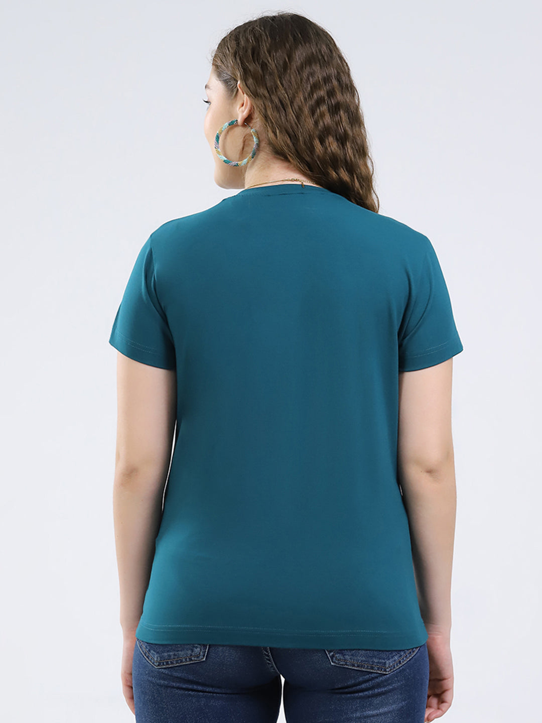 Women Teal Blue Printed Round Neck Half Sleeve Top