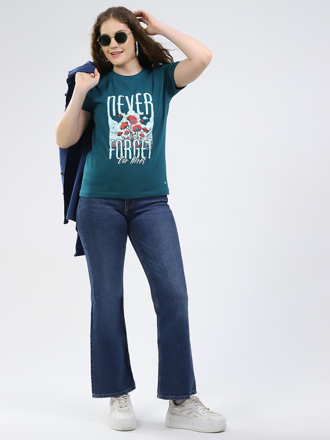 Women Teal Blue Printed Round Neck Half Sleeve Top