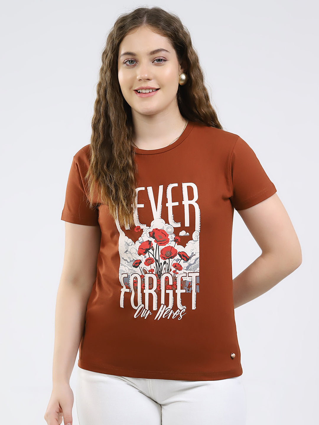 Women Brown Printed Round Neck Half Sleeve Top