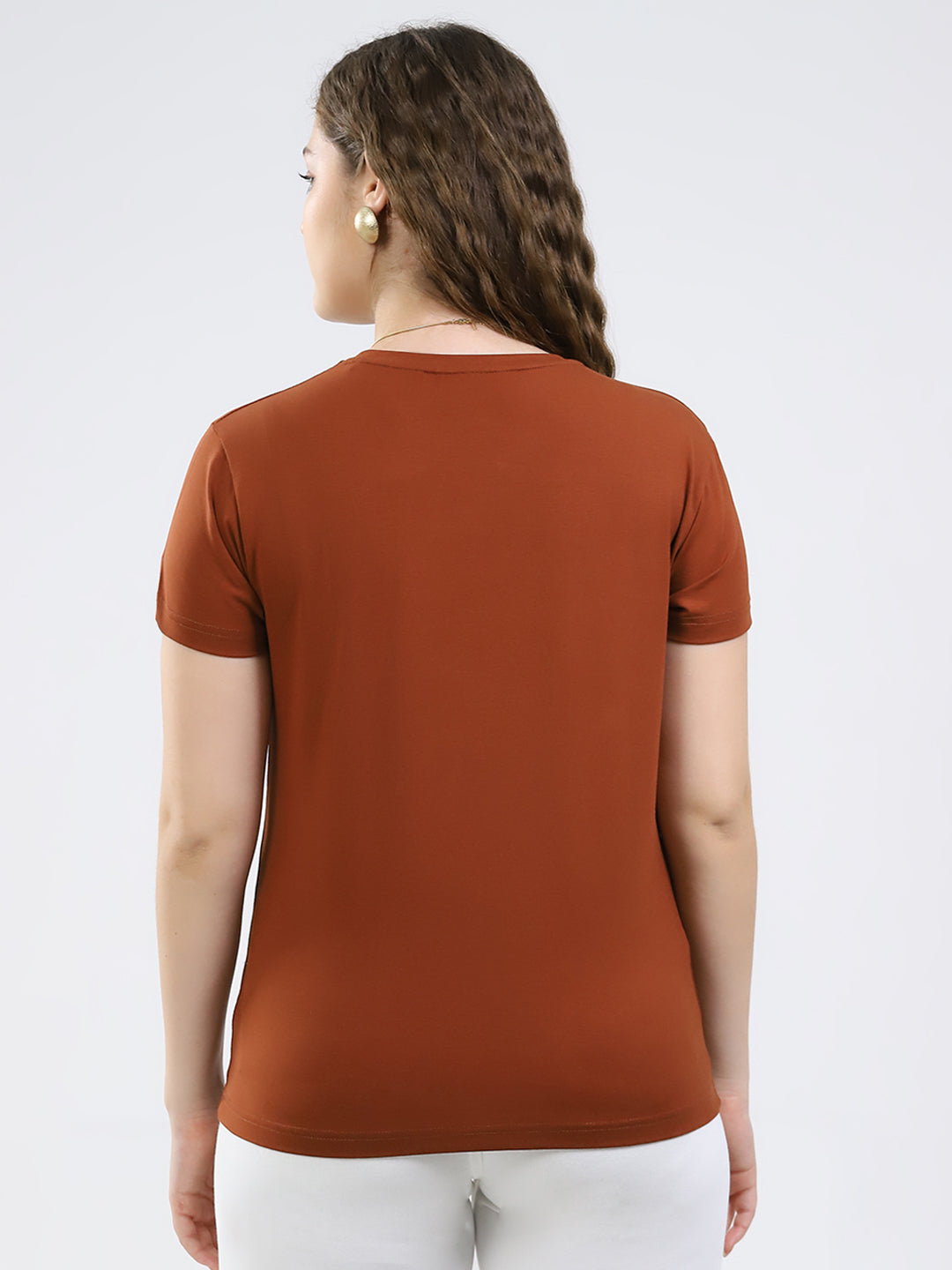 Women Brown Printed Round Neck Half Sleeve Top