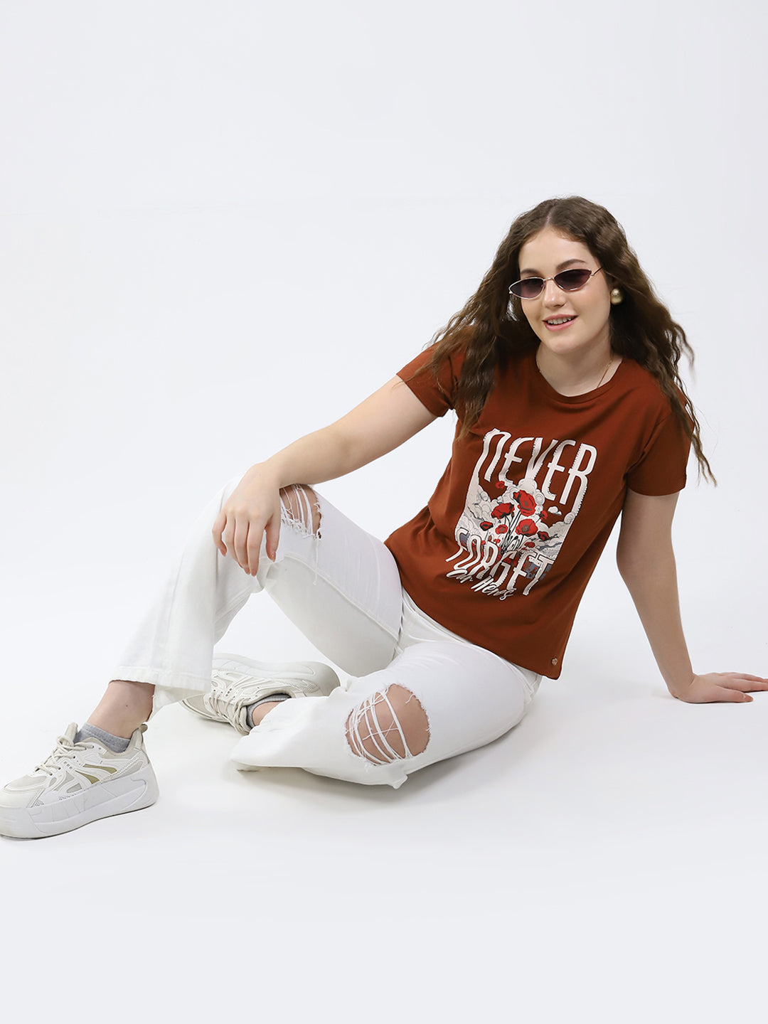 Women Brown Printed Round Neck Half Sleeve Top