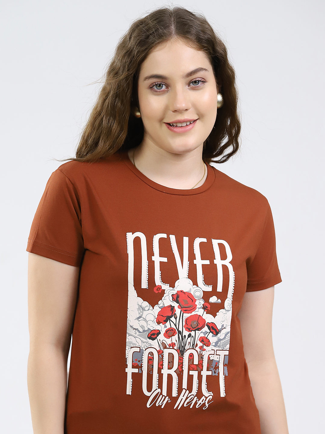 Women Brown Printed Round Neck Half Sleeve Top