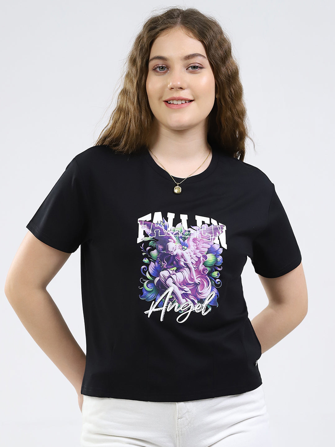 Women Black Printed Round Neck Half Sleeve Top