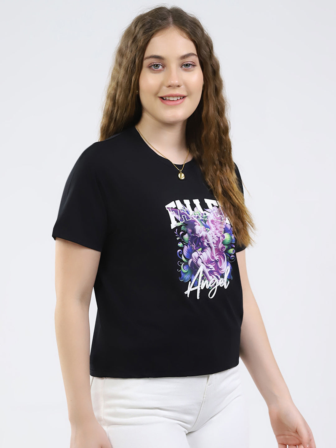 Women Black Printed Round Neck Half Sleeve Top