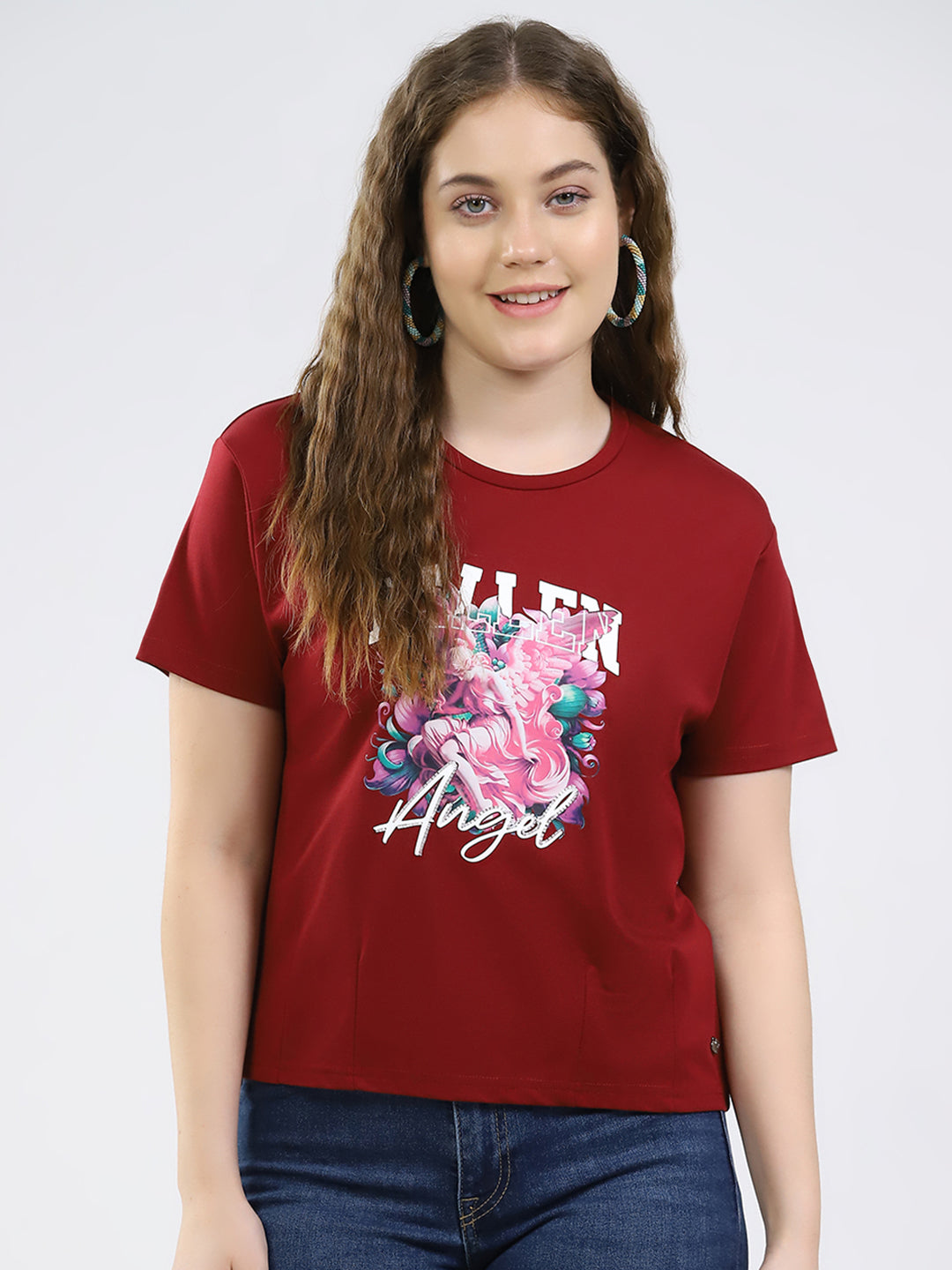 Women Maroon Printed Round Neck Half Sleeve Top