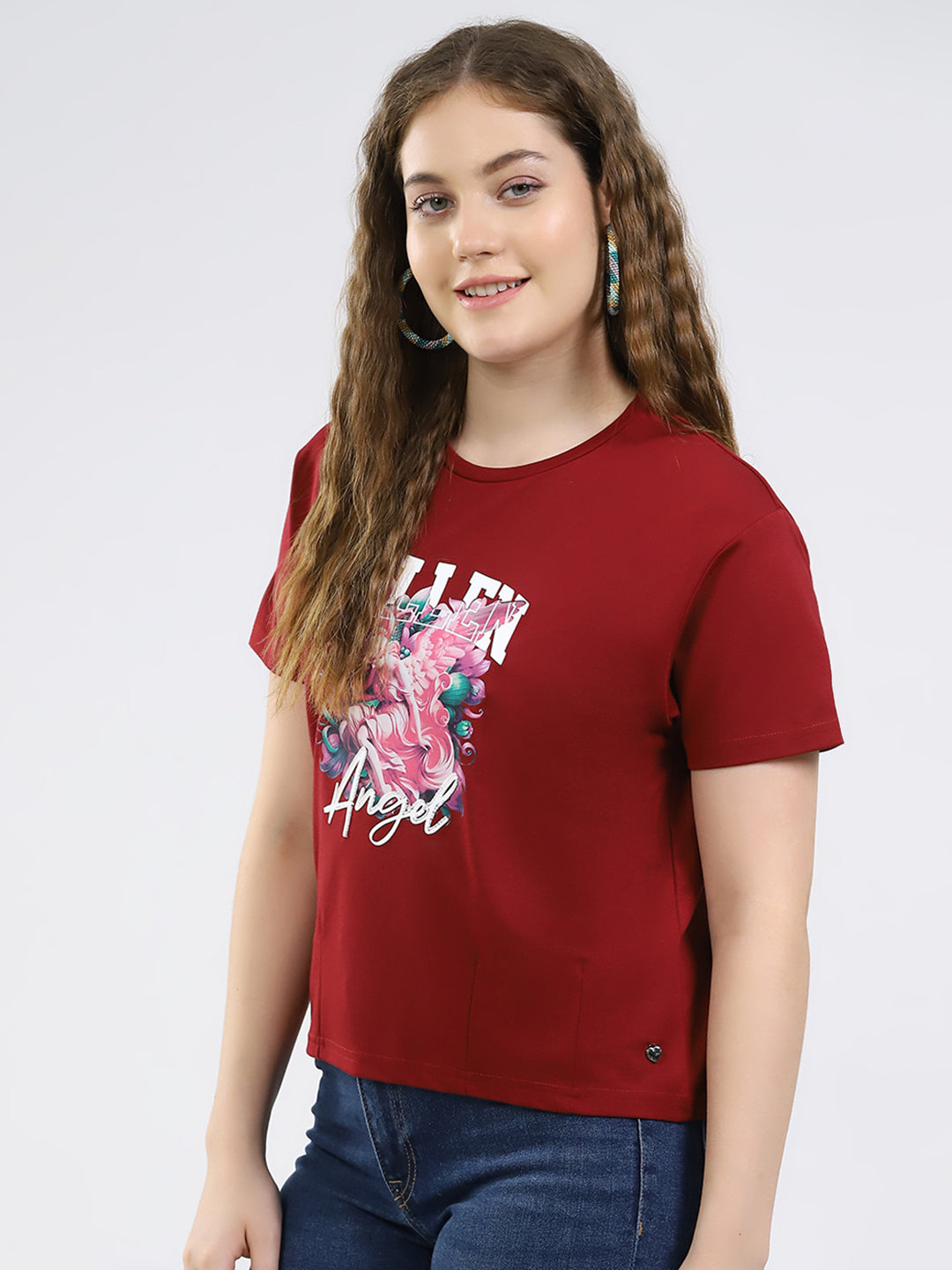 Women Maroon Printed Round Neck Half Sleeve Top