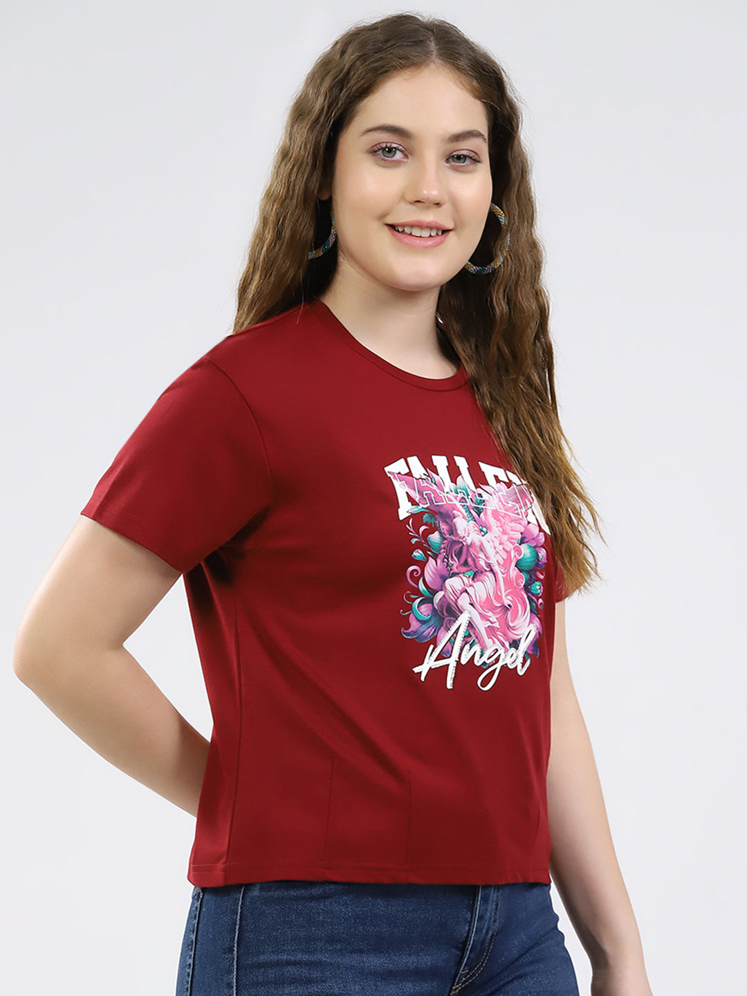 Women Maroon Printed Round Neck Half Sleeve Top