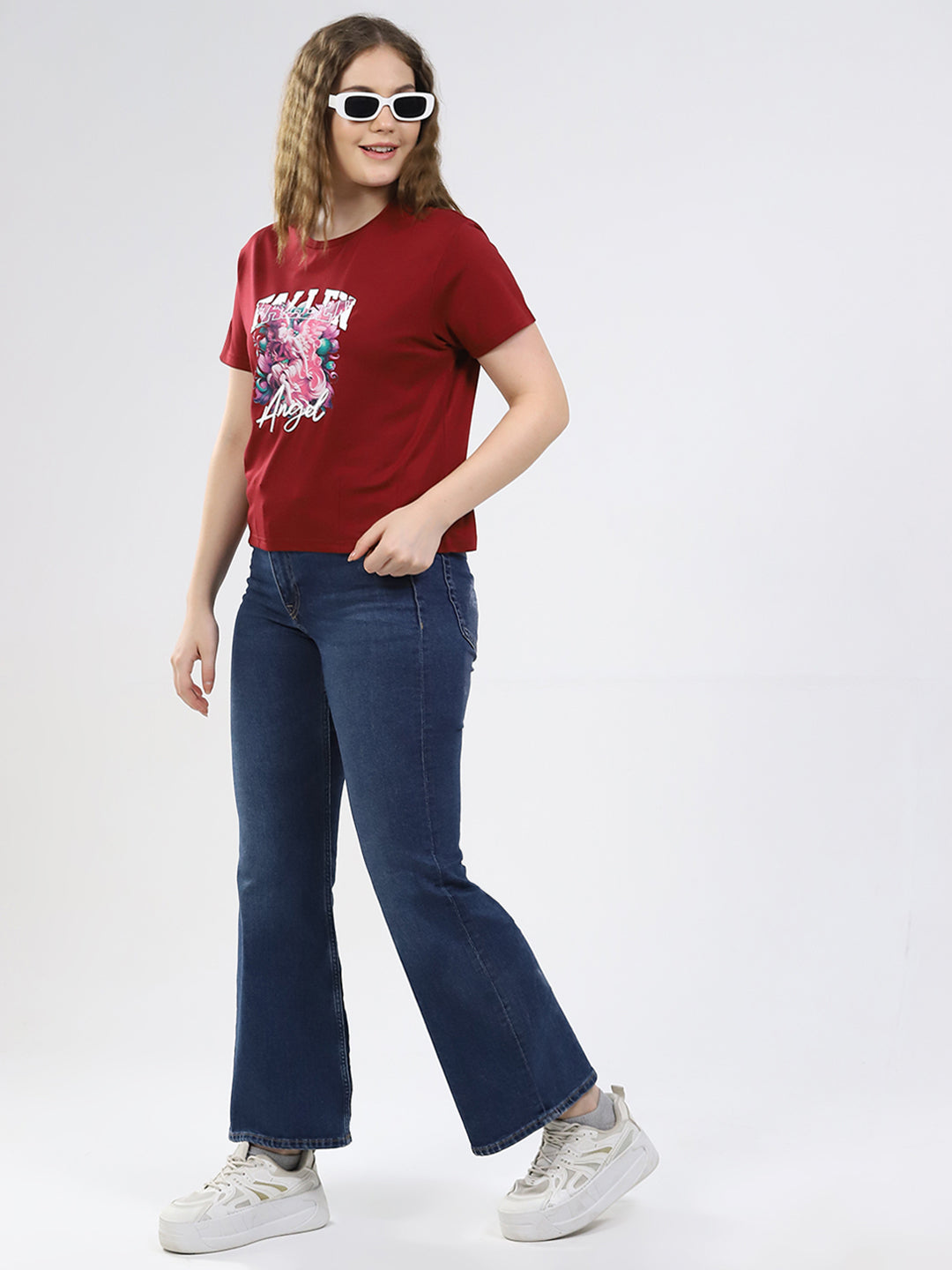 Women Maroon Printed Round Neck Half Sleeve Top