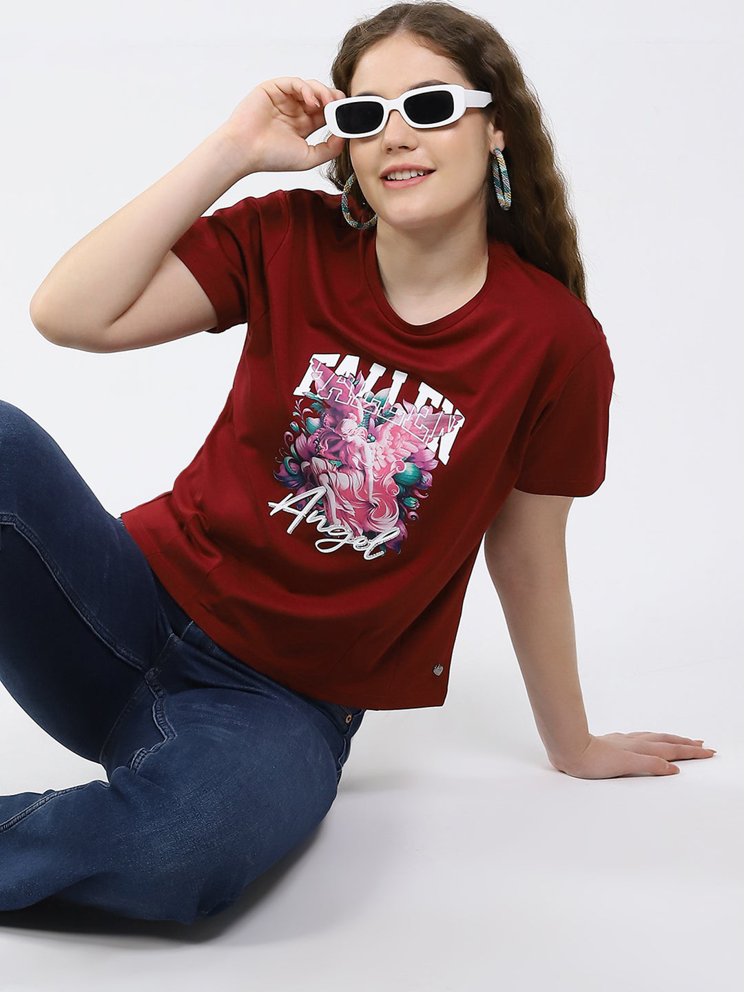 Women Maroon Printed Round Neck Half Sleeve Top