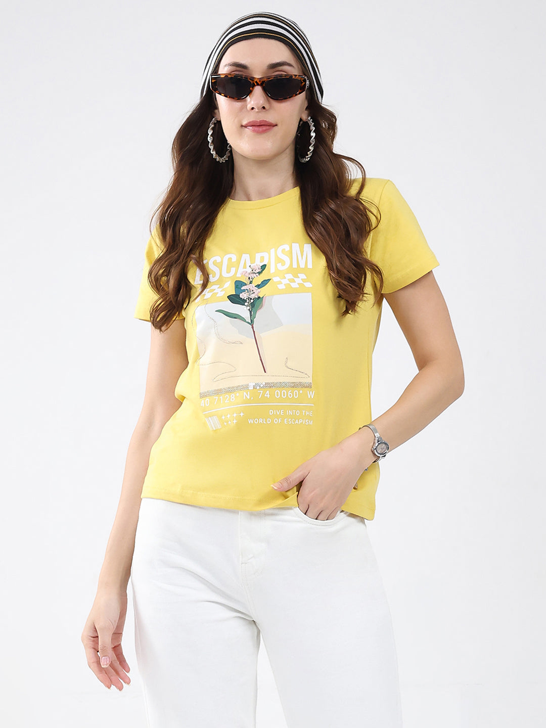Women Yellow Printed Round Neck Half Sleeve Top
