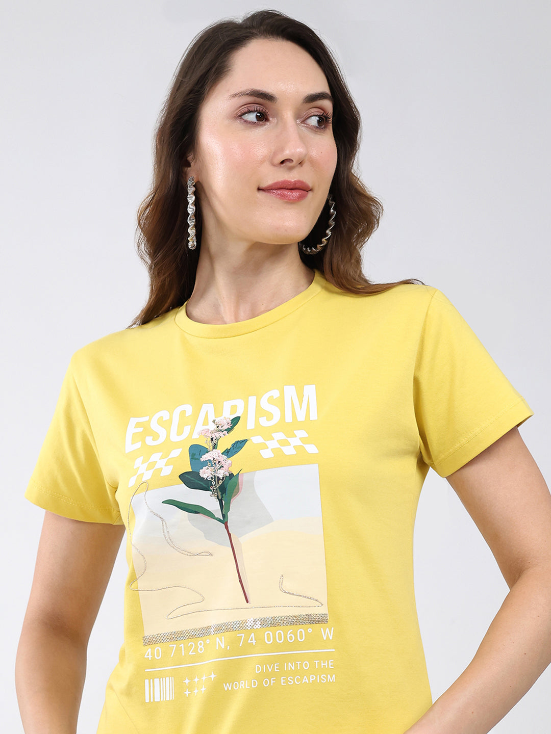 Women Yellow Printed Round Neck Half Sleeve Top