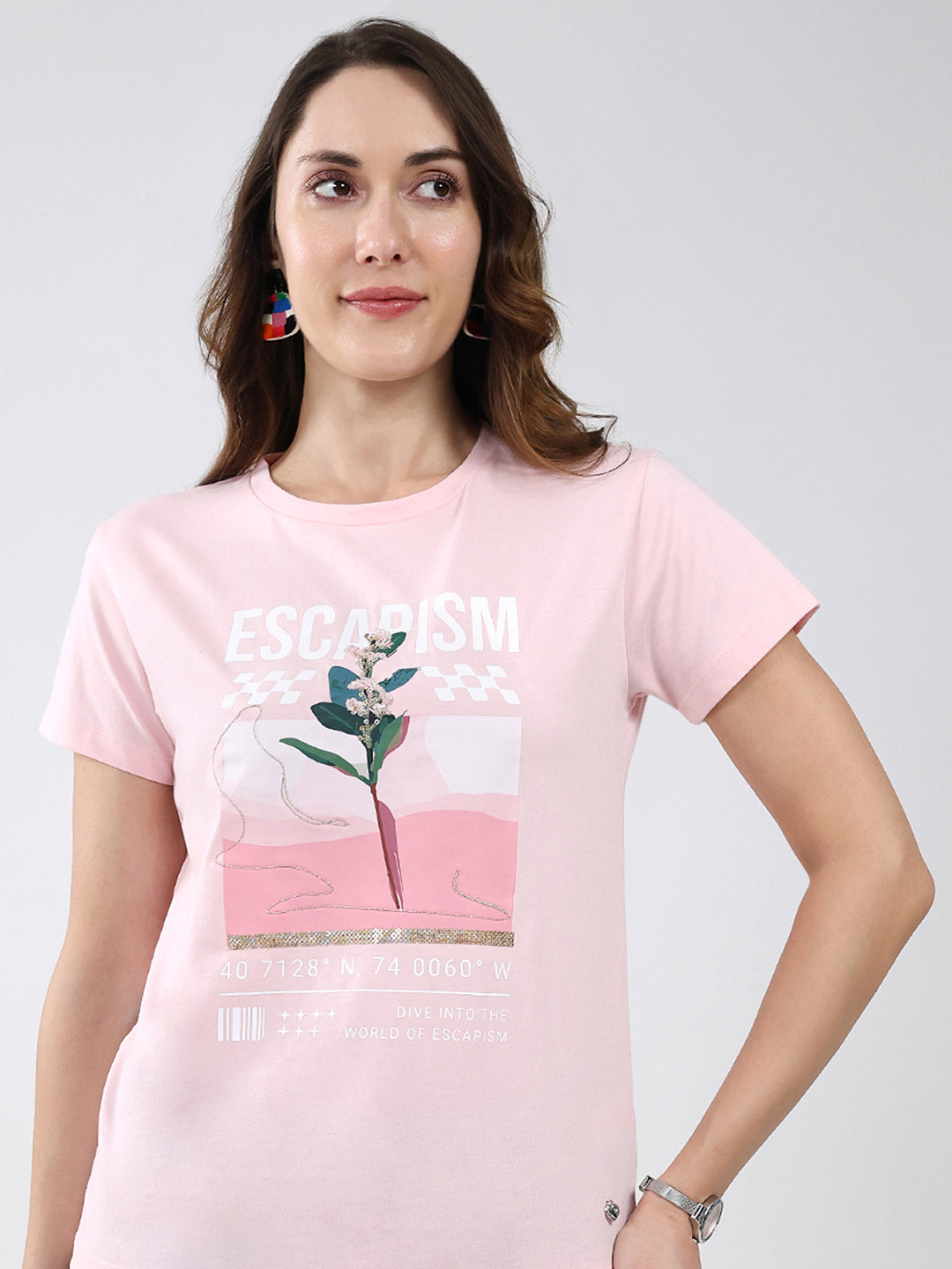 Women Pink Printed Round Neck Half Sleeve Top