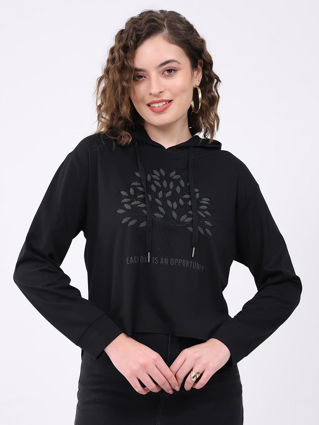Women Black Printed Hooded Full Sleeve Winter Top
