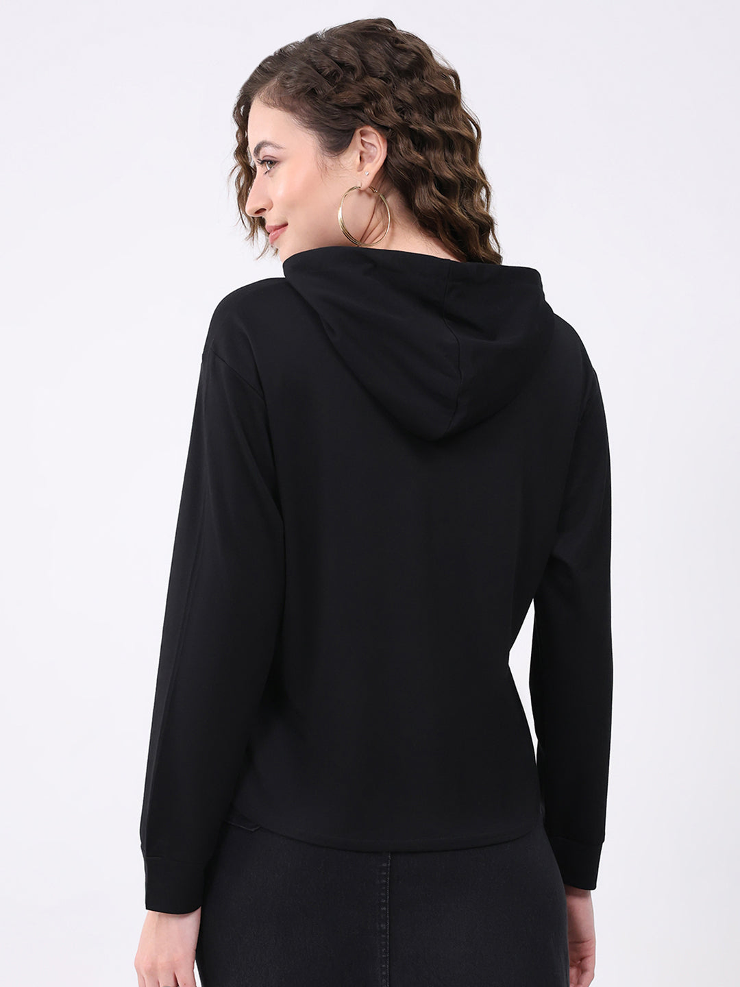 Women Black Printed Hooded Full Sleeve Winter Top