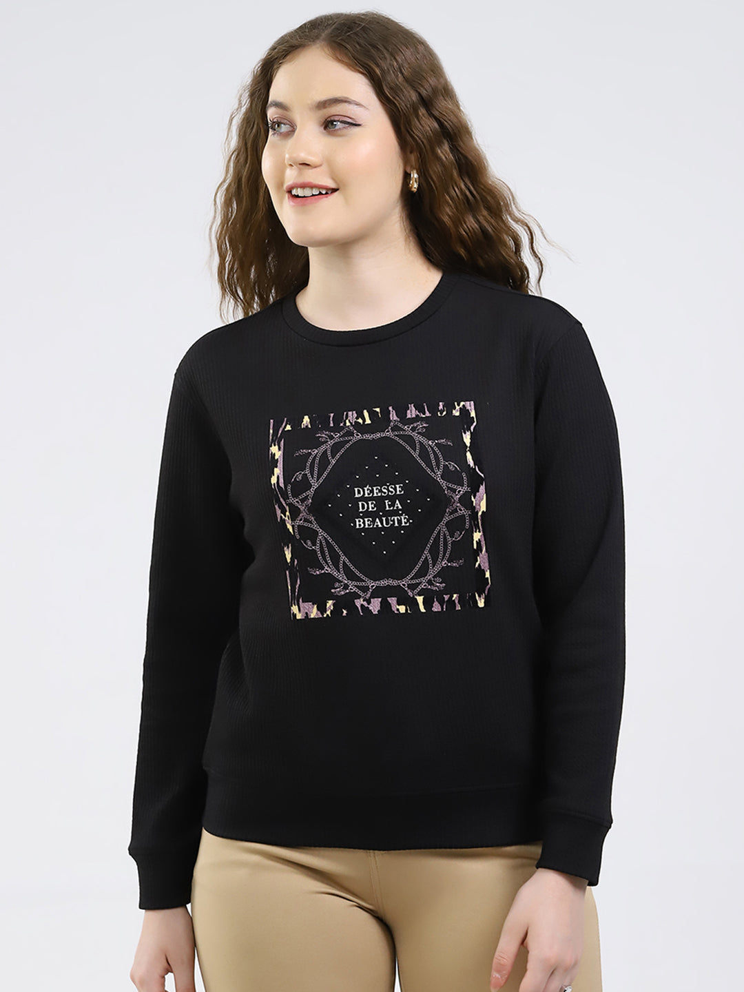 Women Black Printed Round Neck Full Sleeve Winter Top