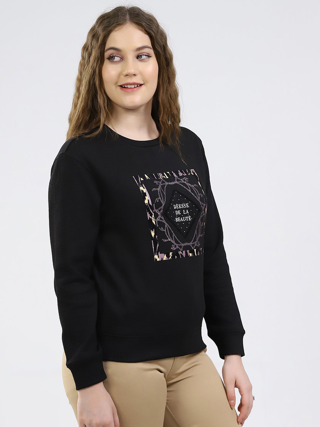 Women Black Printed Round Neck Full Sleeve Winter Top