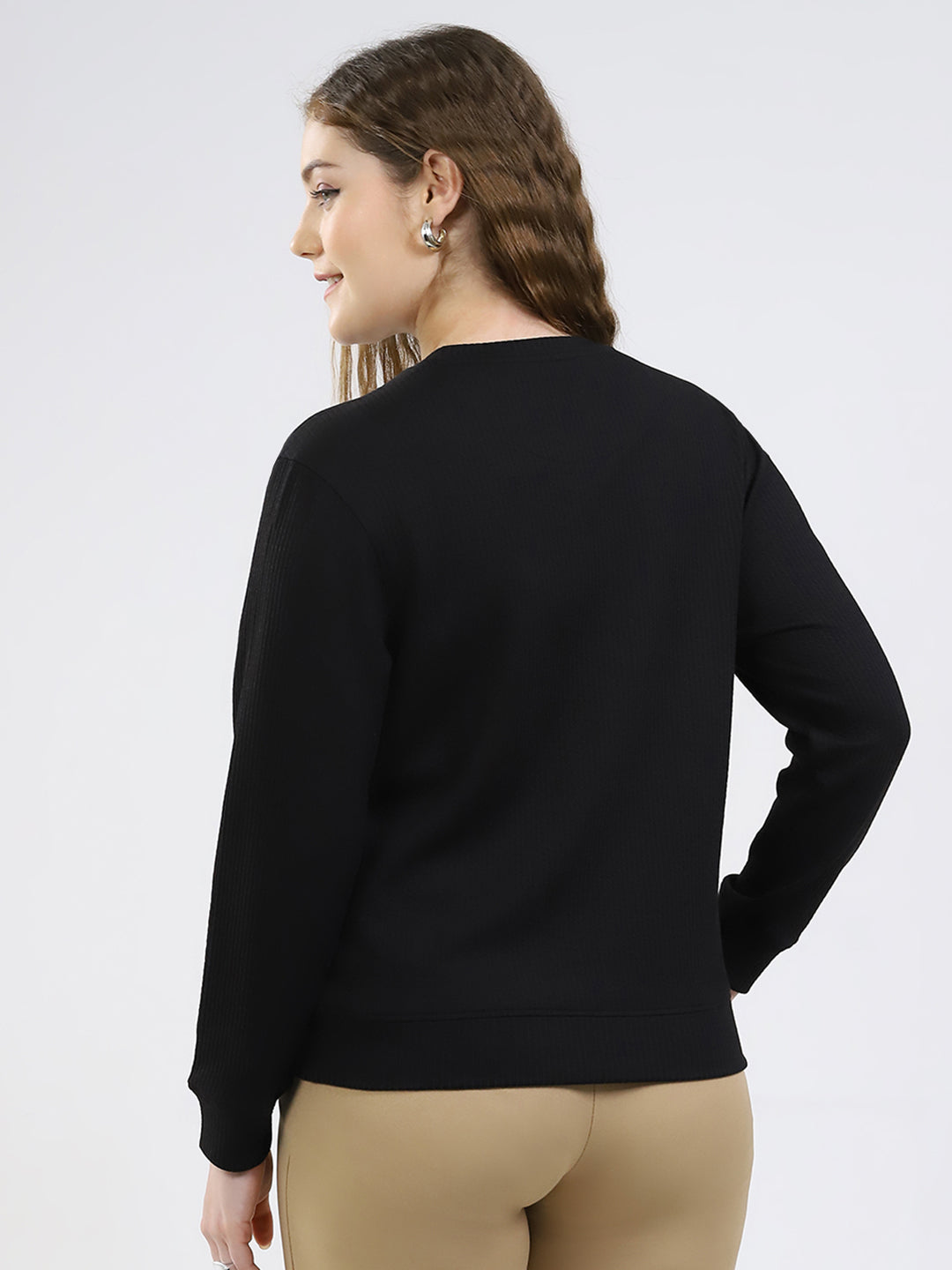 Women Black Printed Round Neck Full Sleeve Winter Top