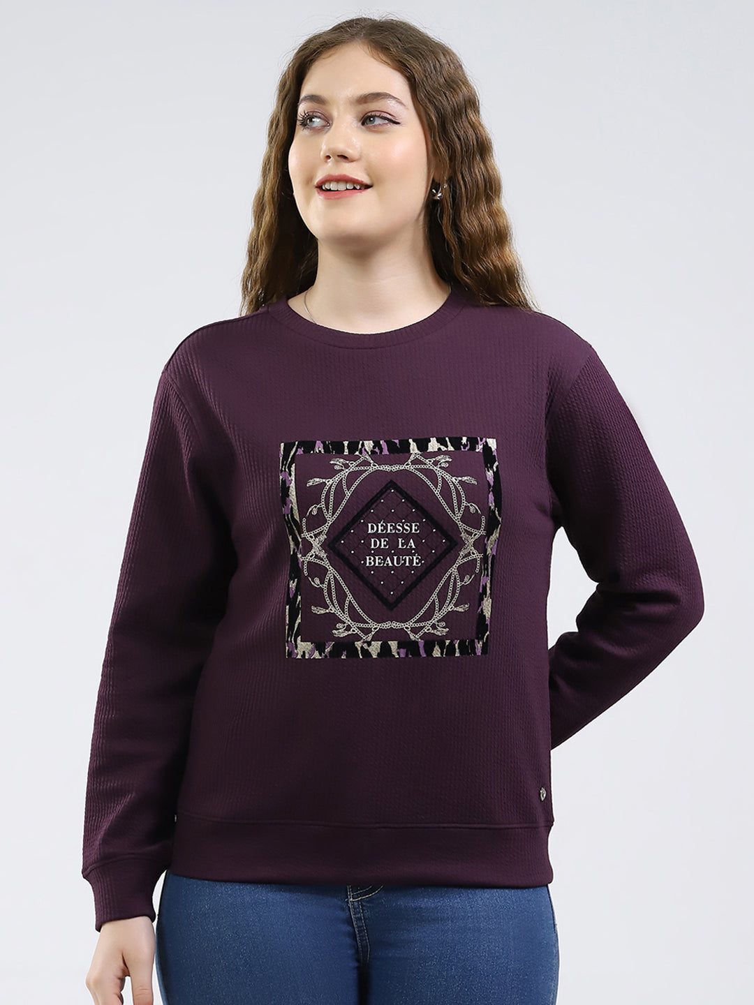 Women Purple Printed Round Neck Full Sleeve Winter Top