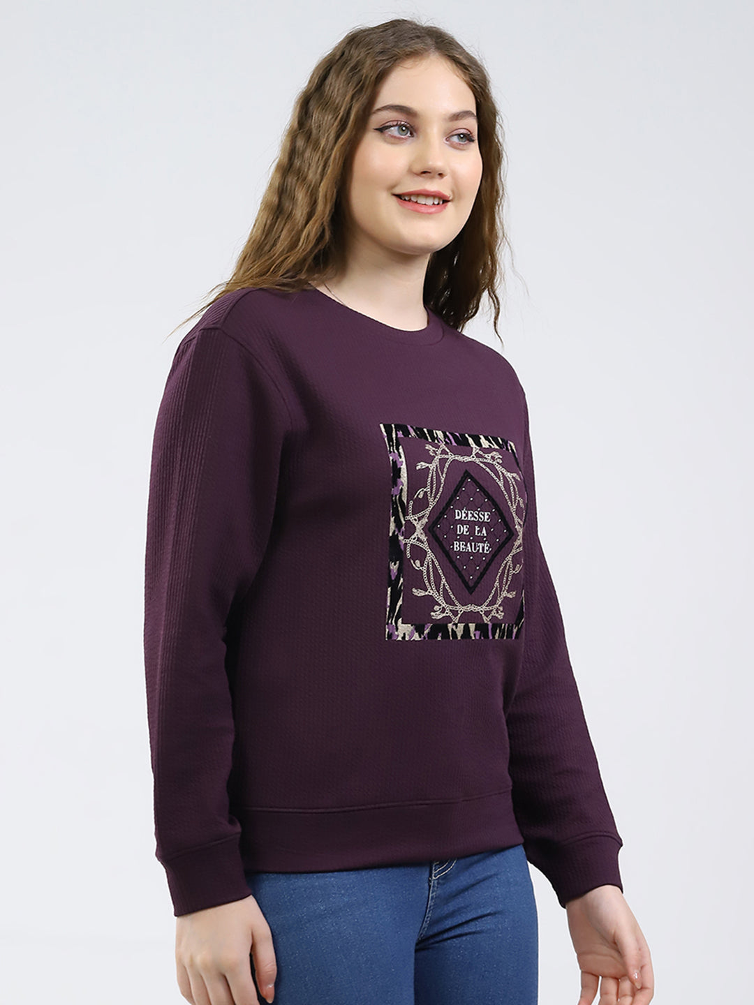 Women Purple Printed Round Neck Full Sleeve Winter Top