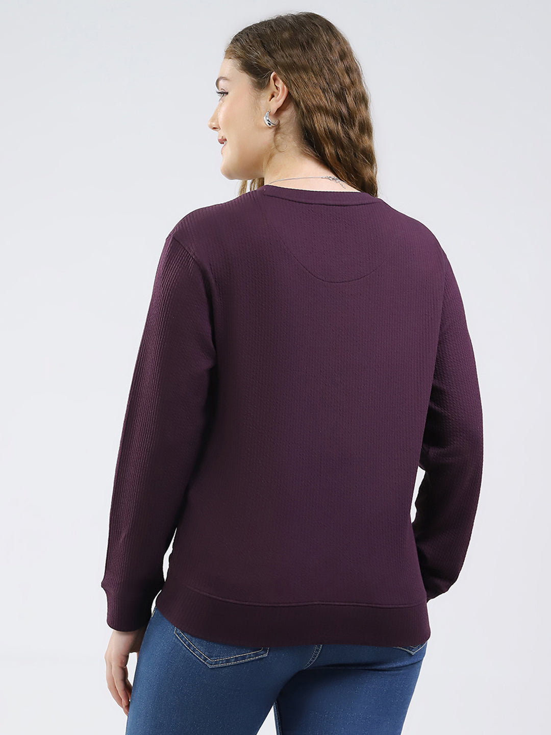 Women Purple Printed Round Neck Full Sleeve Winter Top