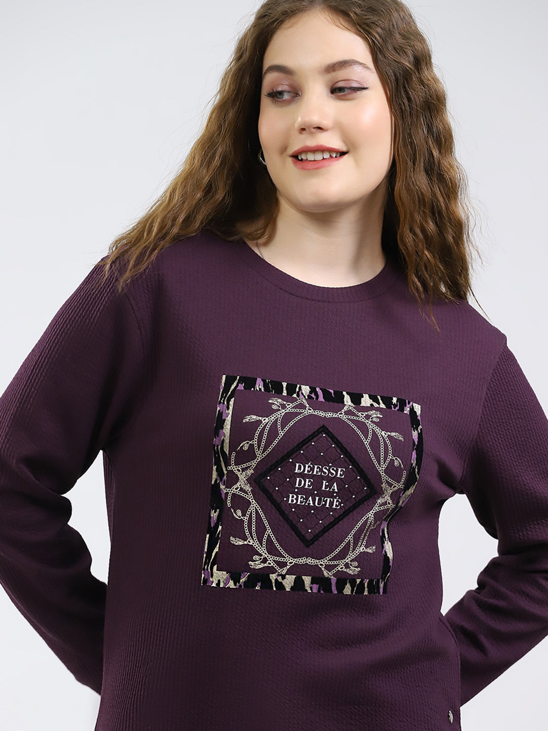 Women Purple Printed Round Neck Full Sleeve Winter Top