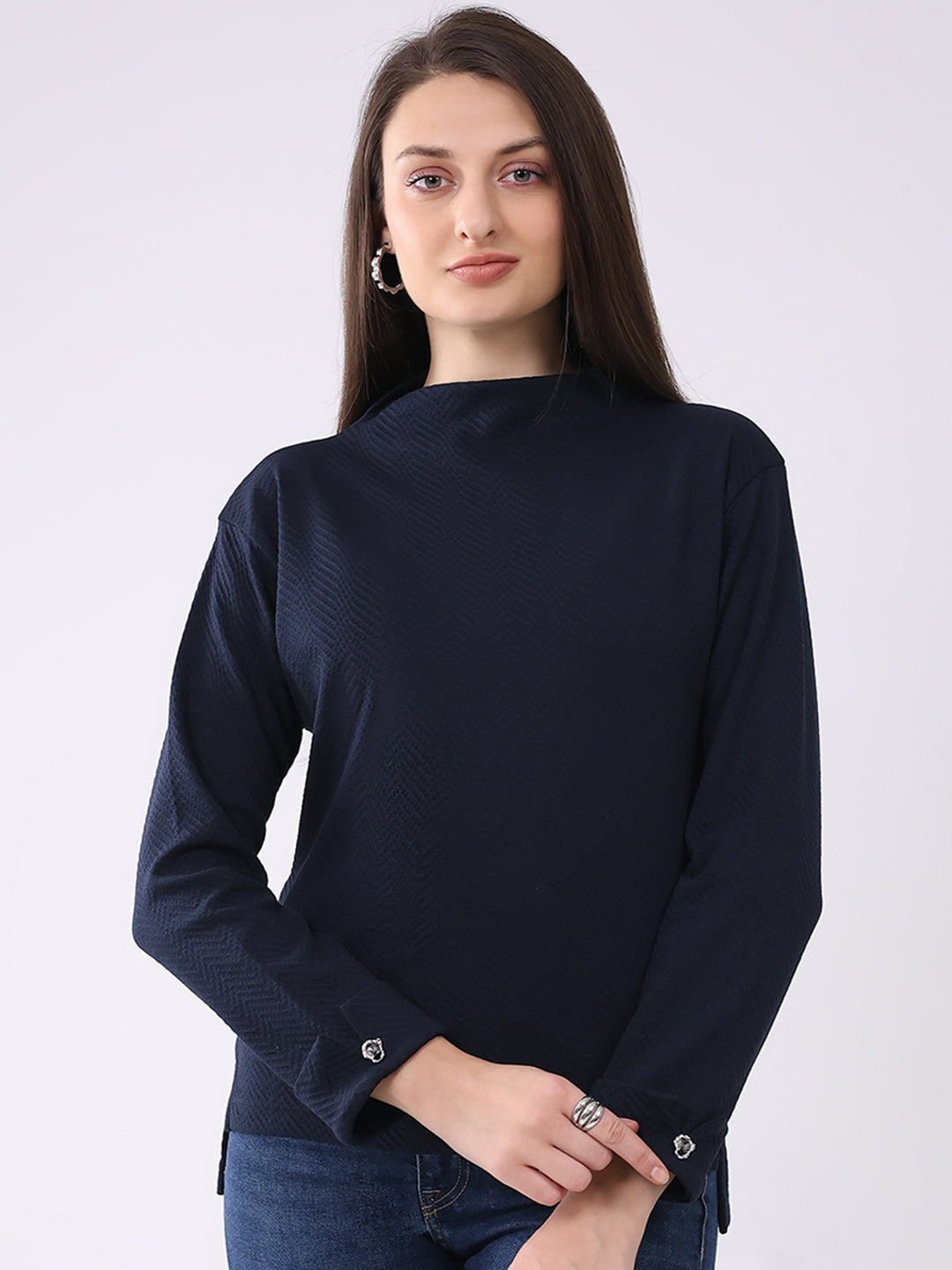 Women Navy Blue Self Design Mock Neck Full Sleeve Winter Top