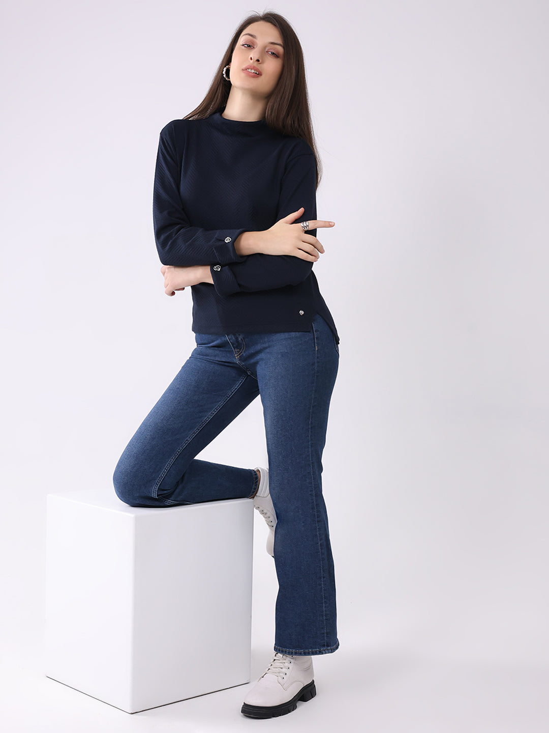 Women Navy Blue Self Design Mock Neck Full Sleeve Winter Top