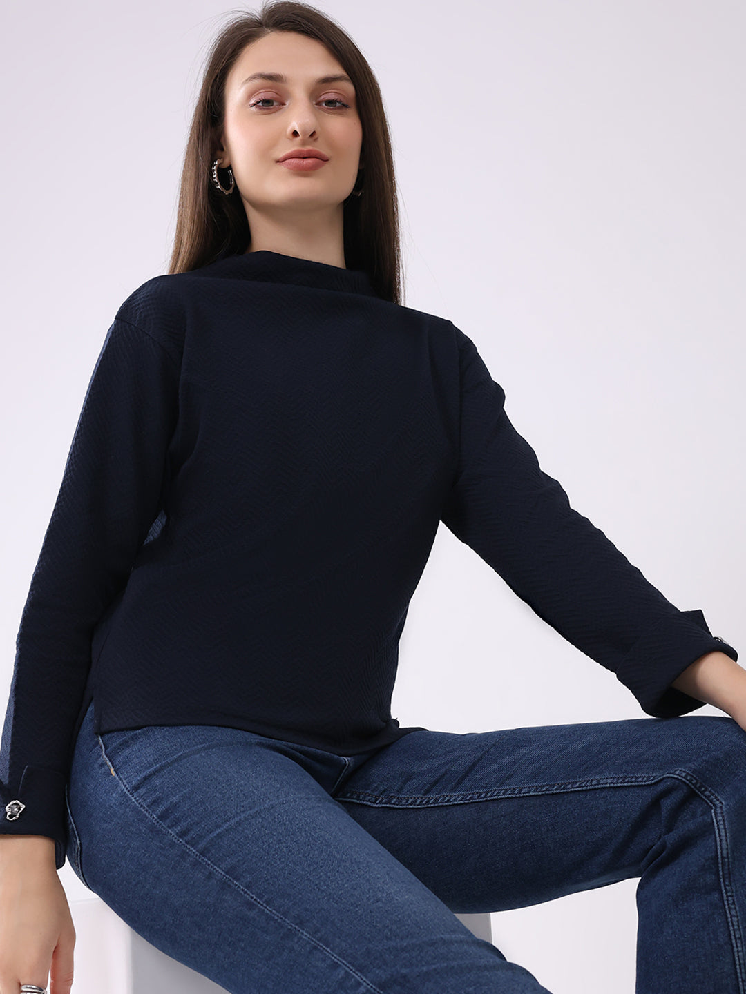 Women Navy Blue Self Design Mock Neck Full Sleeve Winter Top