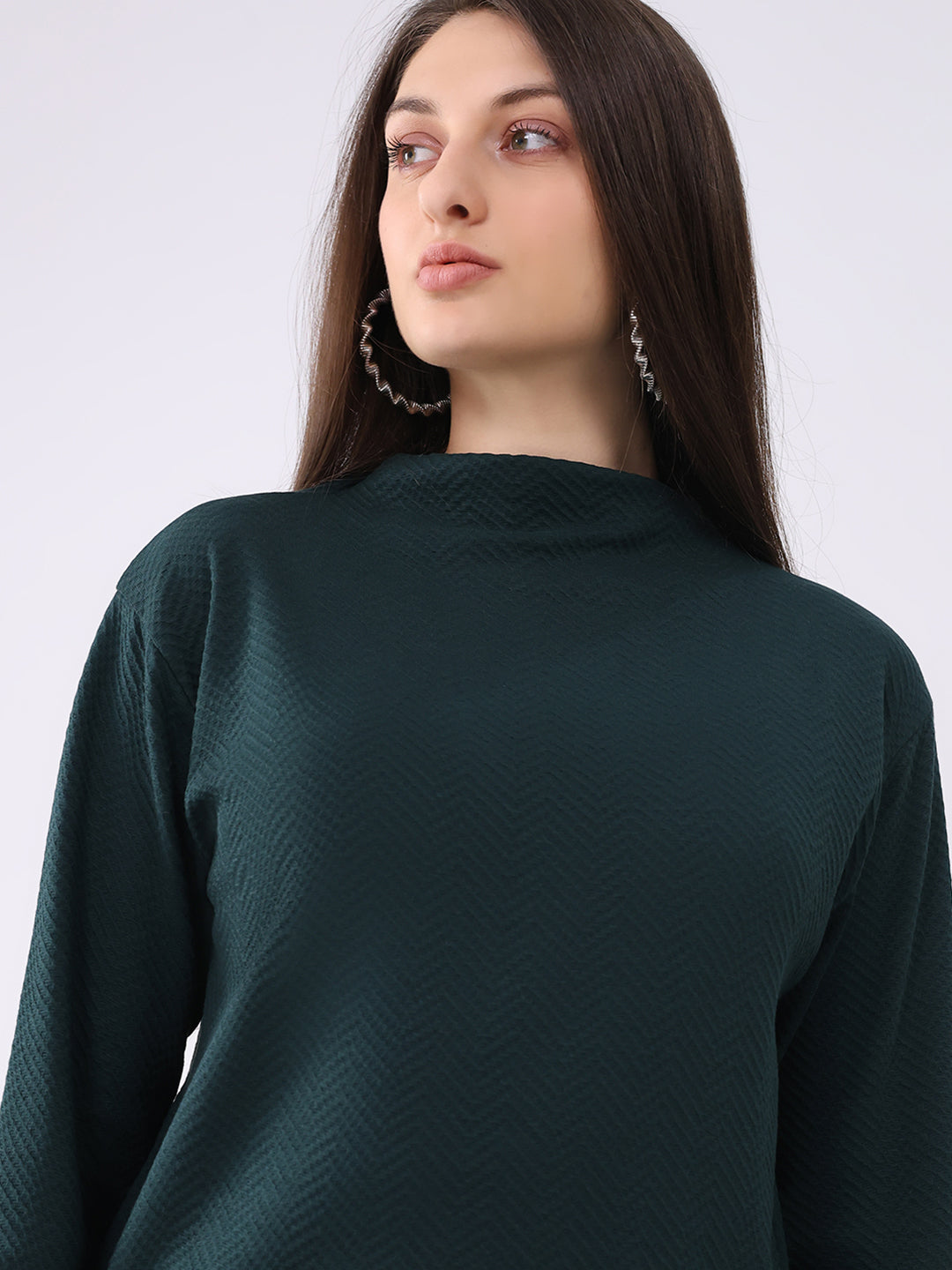 Women Dark Green Self Design Mock Neck Full Sleeve Winter Top