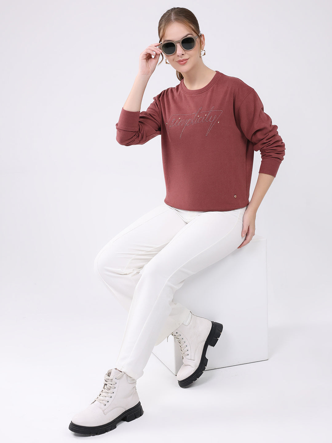 Women Burgundy Embroidered Round Neck Full Sleeve Winter Top