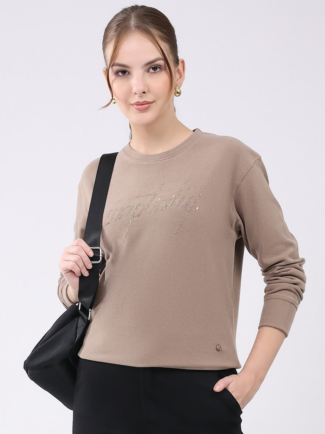 Women Camel Brown Embroidered Round Neck Full Sleeve Winter Top