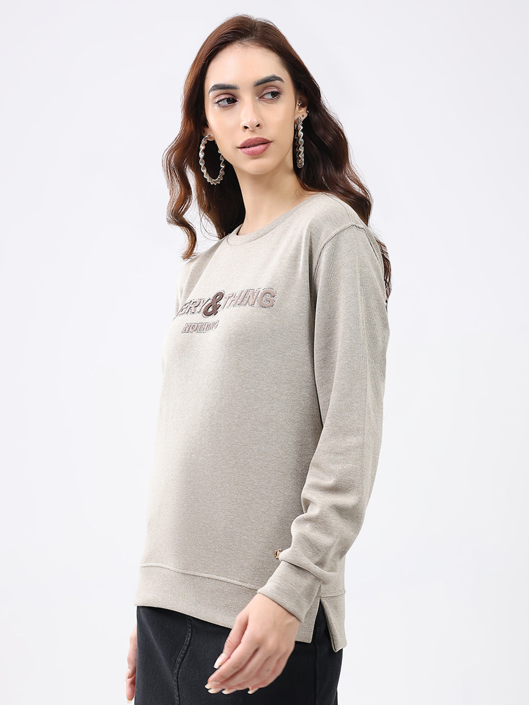 Women Beige Printed Round Neck Full Sleeve Winter Top