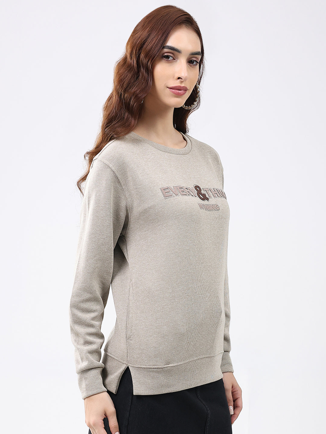 Women Beige Printed Round Neck Full Sleeve Winter Top