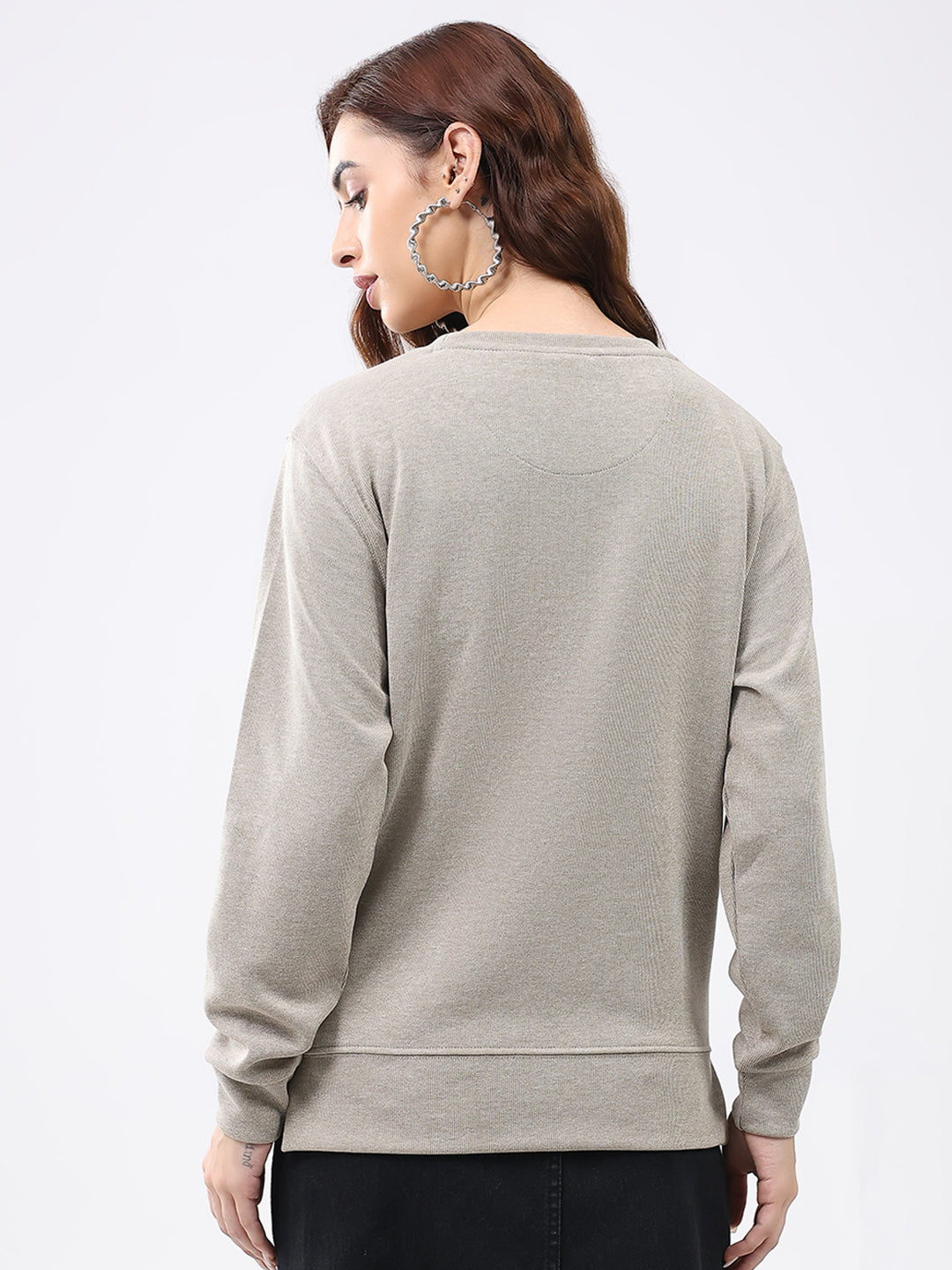 Women Beige Printed Round Neck Full Sleeve Winter Top