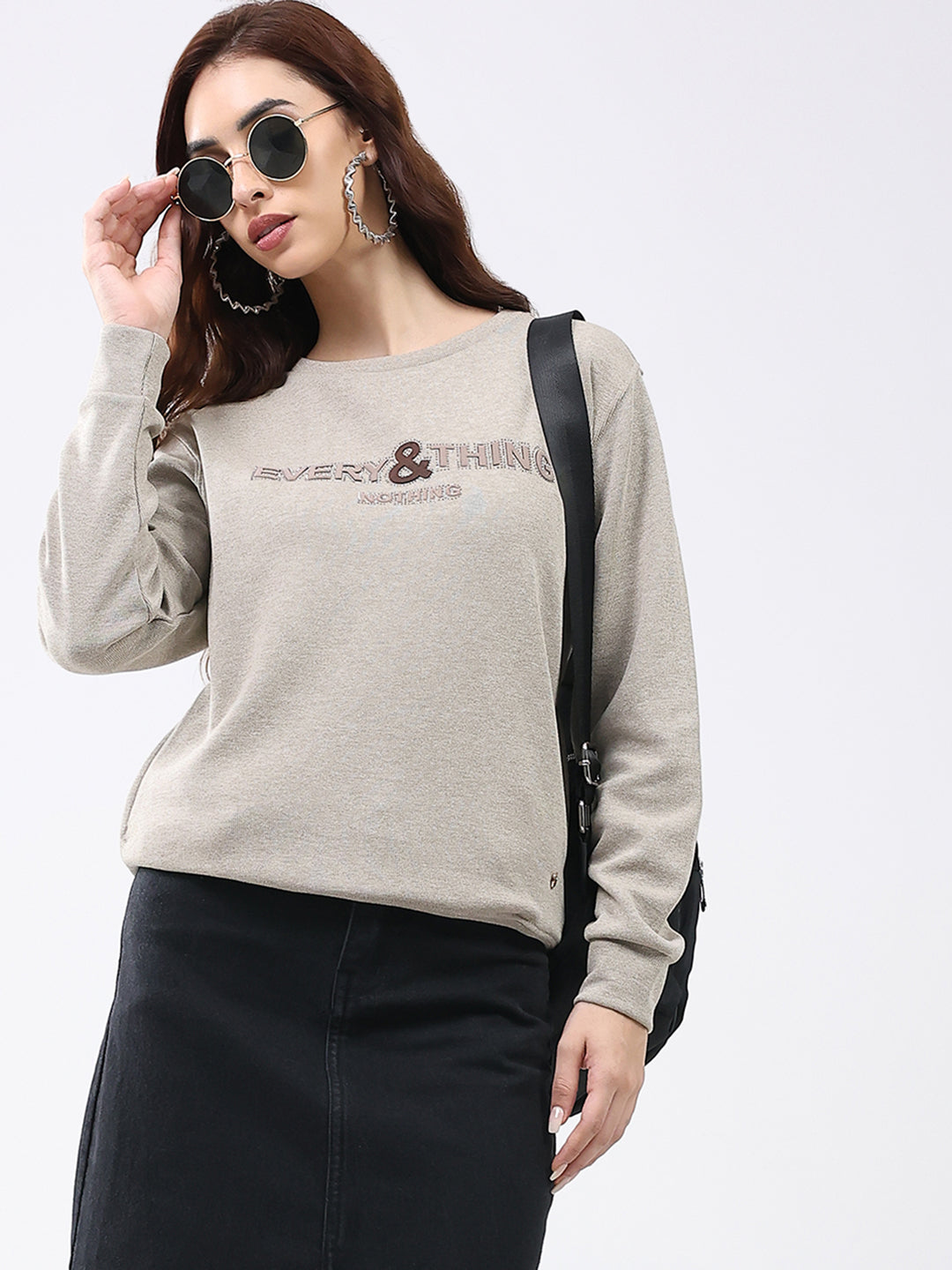 Women Beige Printed Round Neck Full Sleeve Winter Top